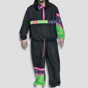 Spirit Halloween Neon Tracksuit Top/Pants Costume Set Black/Pink/Green sz 1X/2X